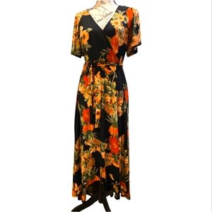 Floral Wrap Dress in Black and Orange